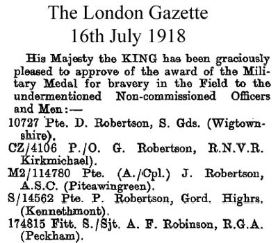 Notice of Peter's MM award in The London Gazette July 1918